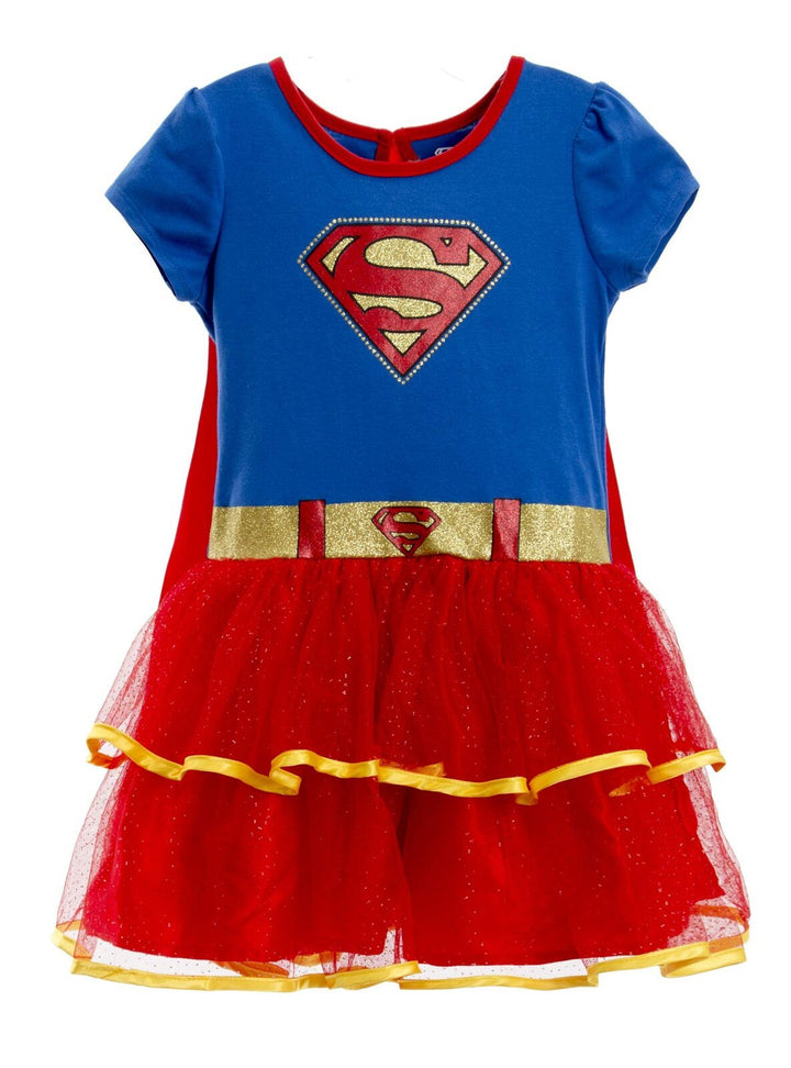 WARNER BROS Justice League Supergirl Costume Dress Leggings Cape and Headband 4 Piece Set - imagikids