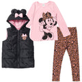 Disney Minnie Mouse Zip Up Vest Puffer T-Shirt and Leggings 3 Piece Outfit Set