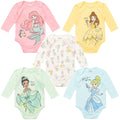 Disney Princess Ariel Belle Cinderella Rapunzel Tiana Jasmine Baby Girls 5 Pack Long Sleeves Bodysuit Newborn to Infant
